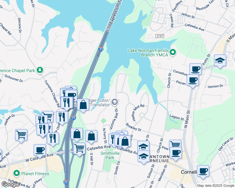 map of restaurants, bars, coffee shops, grocery stores, and more near 18904 Harbor Cove Lane in Cornelius