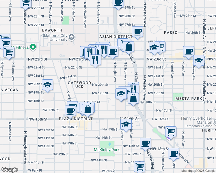 map of restaurants, bars, coffee shops, grocery stores, and more near 1512 Northwest 20th Street in Oklahoma City