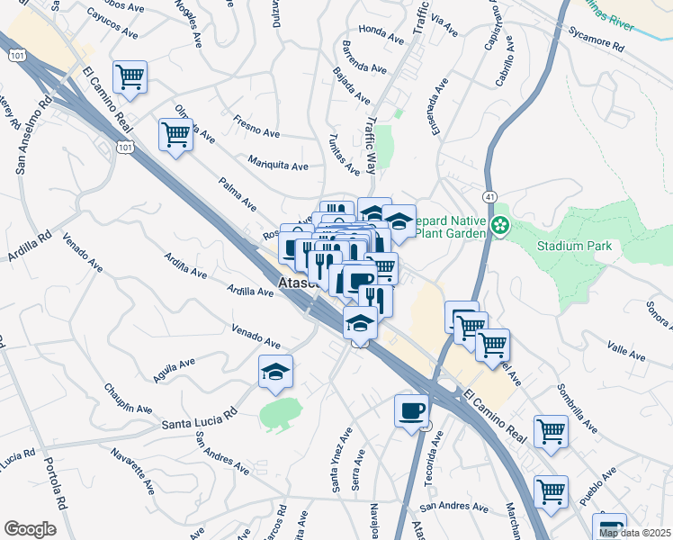 map of restaurants, bars, coffee shops, grocery stores, and more near 5955 Traffic Way in Atascadero