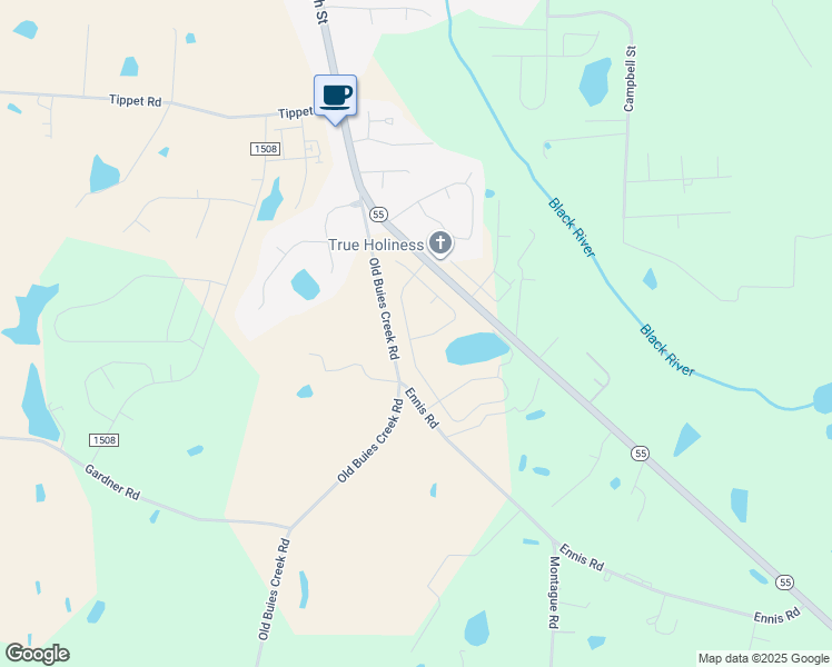 map of restaurants, bars, coffee shops, grocery stores, and more near 590 White Birch Lane in Angier