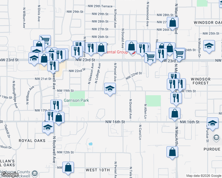 map of restaurants, bars, coffee shops, grocery stores, and more near 6617 Northwest 19th Street in Bethany