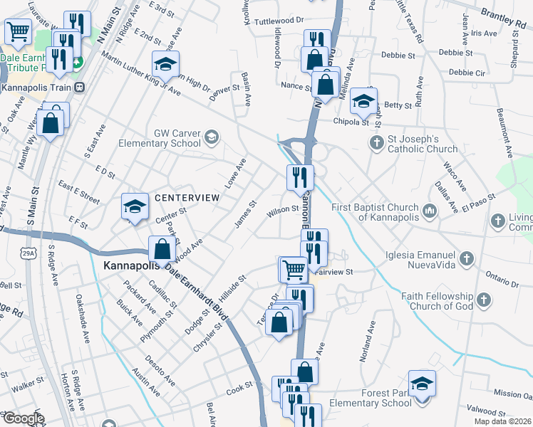 map of restaurants, bars, coffee shops, grocery stores, and more near 659 Wilson Street in Kannapolis