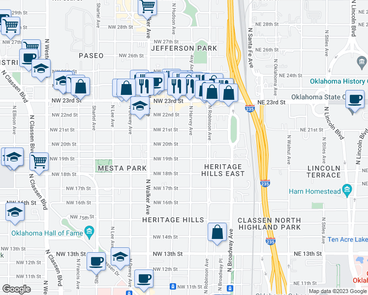 map of restaurants, bars, coffee shops, grocery stores, and more near 310 Northwest 20th Street in Oklahoma City