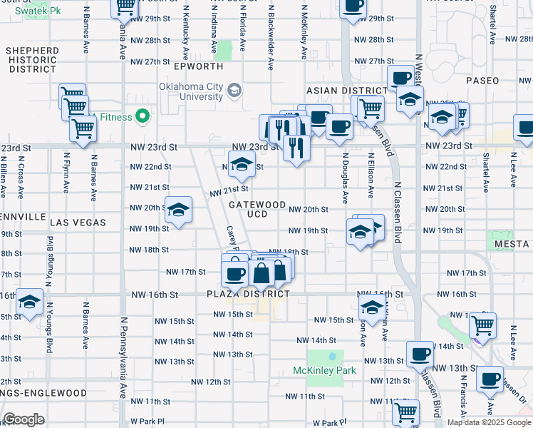 map of restaurants, bars, coffee shops, grocery stores, and more near 1712 Northwest 20th Street in Oklahoma City