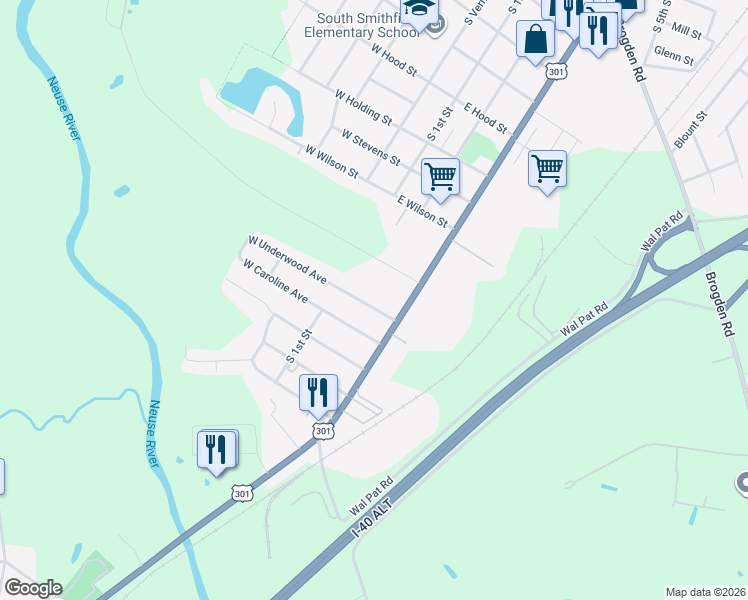 map of restaurants, bars, coffee shops, grocery stores, and more near 205 East Underwood Avenue in Smithfield
