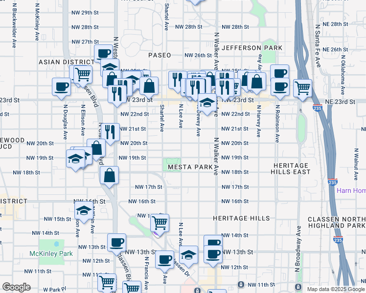 map of restaurants, bars, coffee shops, grocery stores, and more near 634 Northwest 20th Street in Oklahoma City