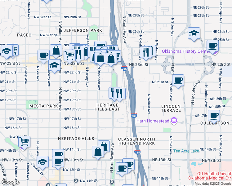 map of restaurants, bars, coffee shops, grocery stores, and more near 2016 North Broadway Avenue in Oklahoma City