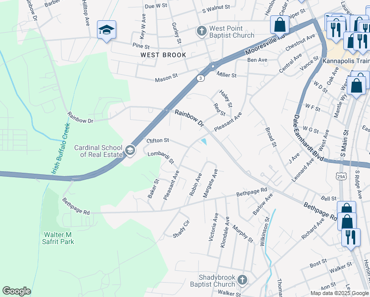 map of restaurants, bars, coffee shops, grocery stores, and more near 600 Pleasant Avenue in Kannapolis