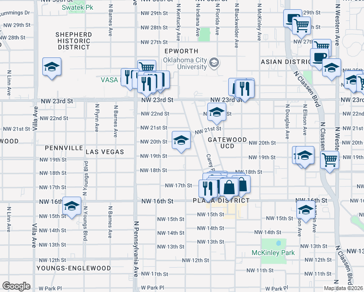 map of restaurants, bars, coffee shops, grocery stores, and more near 1920 Northwest 20th Street in Oklahoma City