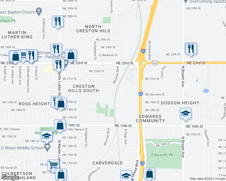 map of restaurants, bars, coffee shops, grocery stores, and more near 2108 Miramar Boulevard in Oklahoma City