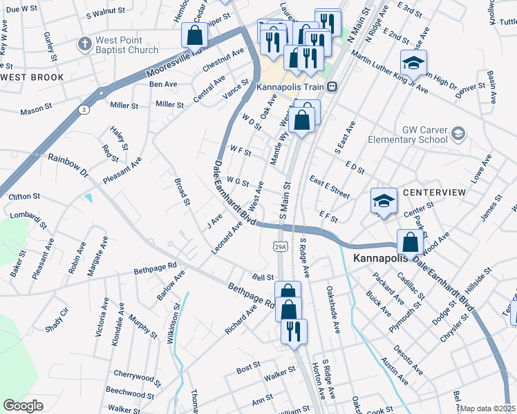 map of restaurants, bars, coffee shops, grocery stores, and more near 508 Martin Circle in Kannapolis