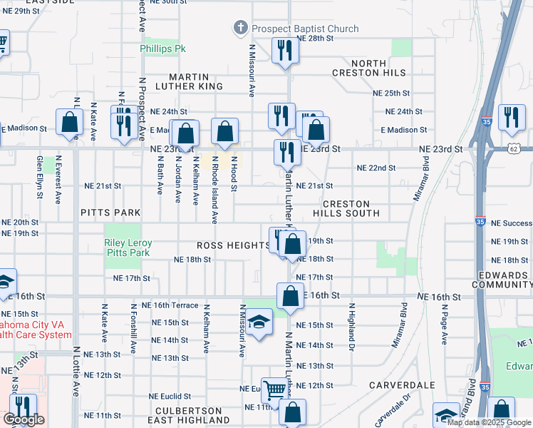 map of restaurants, bars, coffee shops, grocery stores, and more near 1917 Northeast 20th Street in Oklahoma City
