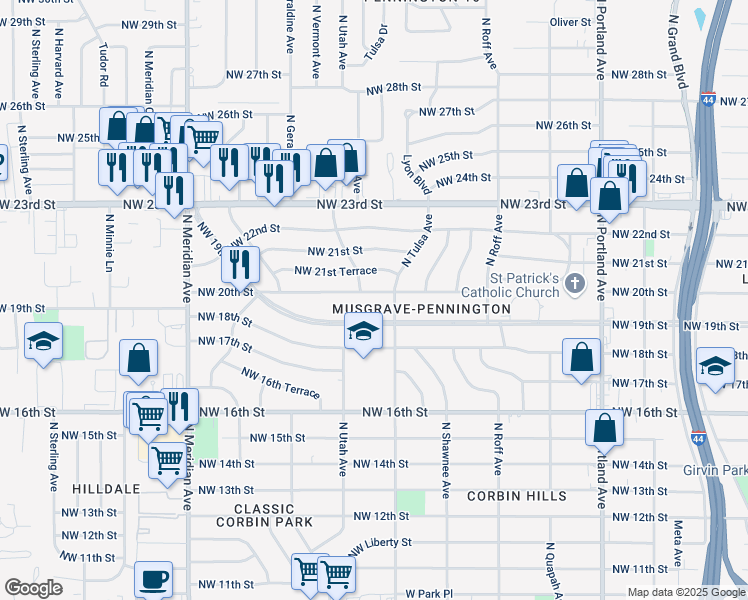 map of restaurants, bars, coffee shops, grocery stores, and more near 4114 Northwest 20th Street in Oklahoma City