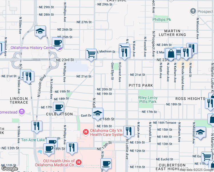map of restaurants, bars, coffee shops, grocery stores, and more near 2108 N Stonewall Ave in Oklahoma City