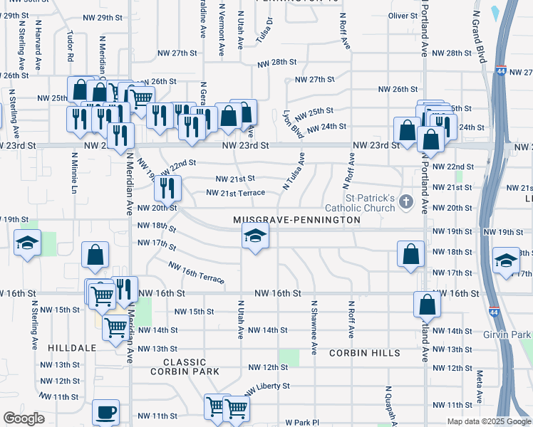 map of restaurants, bars, coffee shops, grocery stores, and more near 4114 Northwest 20th Street in Oklahoma City