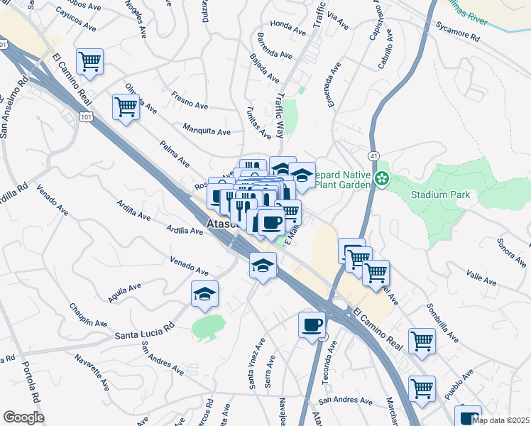 map of restaurants, bars, coffee shops, grocery stores, and more near 5900 Entrada Avenue in Atascadero