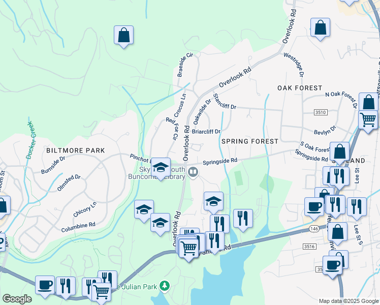 map of restaurants, bars, coffee shops, grocery stores, and more near 102 Cedar Forest Trail in Asheville