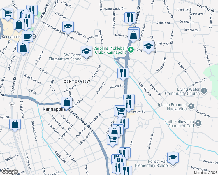 map of restaurants, bars, coffee shops, grocery stores, and more near 661 Wilson Street in Kannapolis