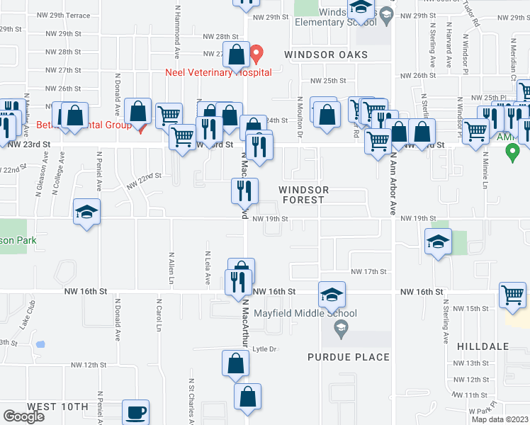 map of restaurants, bars, coffee shops, grocery stores, and more near 5731 Northwest 19th Street in Oklahoma City