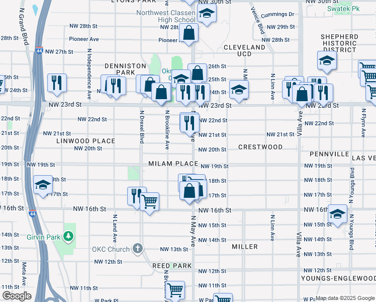 map of restaurants, bars, coffee shops, grocery stores, and more near 2905 Northwest 20th Street in Oklahoma City