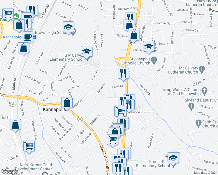map of restaurants, bars, coffee shops, grocery stores, and more near 659 Wilson Street in Kannapolis