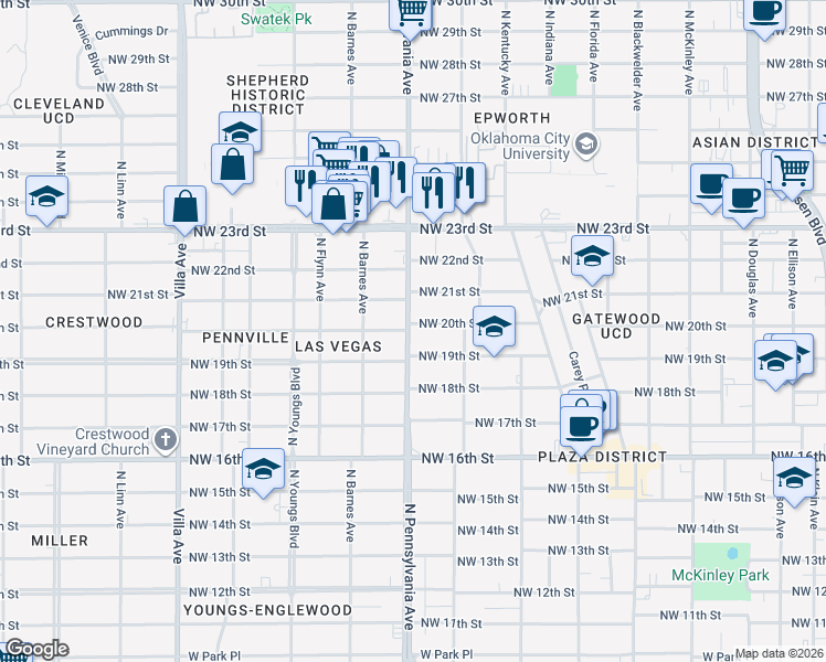map of restaurants, bars, coffee shops, grocery stores, and more near 2100 Northwest 20th Street in Oklahoma City