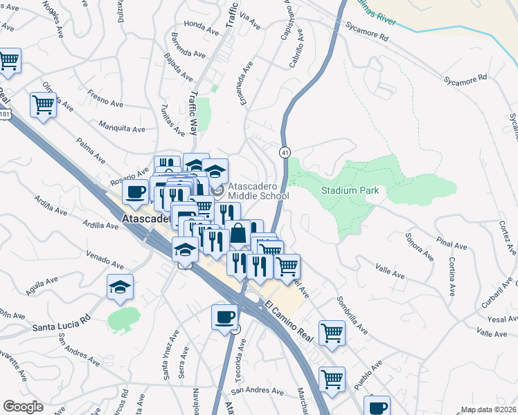 map of restaurants, bars, coffee shops, grocery stores, and more near in Atascadero