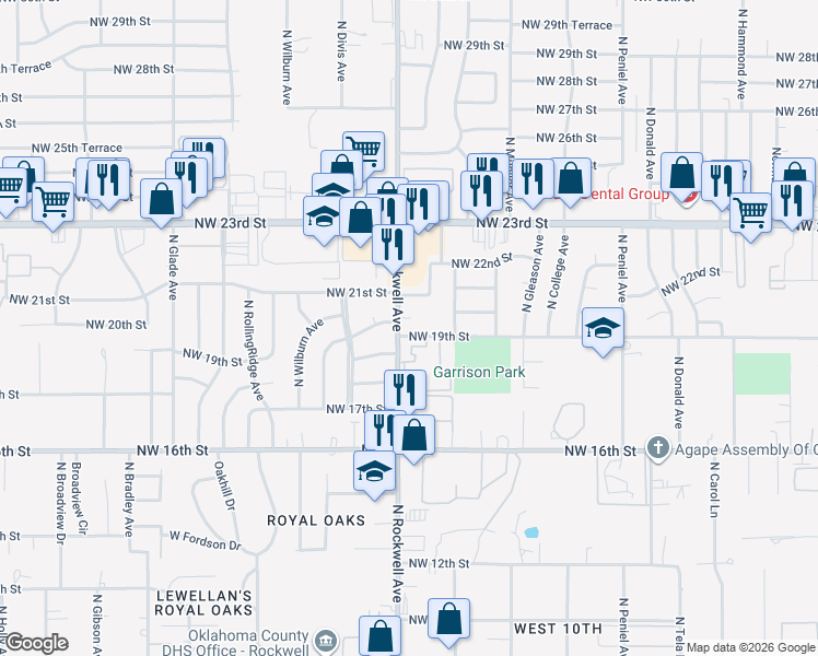 map of restaurants, bars, coffee shops, grocery stores, and more near 2000 North Rockwell Avenue in Bethany