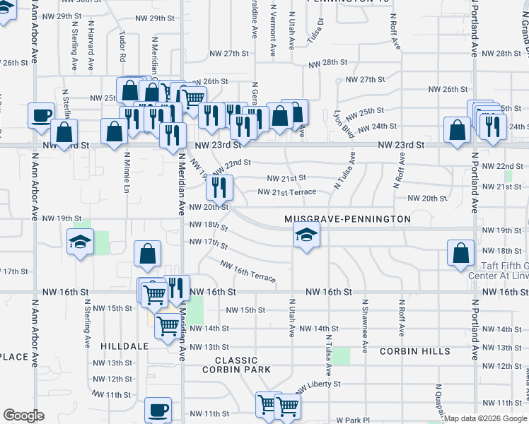 map of restaurants, bars, coffee shops, grocery stores, and more near 4220 Northwest 20th Street in Oklahoma City