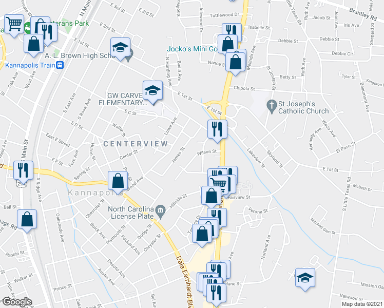 map of restaurants, bars, coffee shops, grocery stores, and more near 666 Wilson Street in Kannapolis