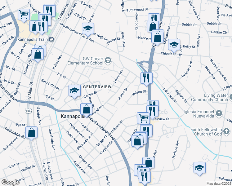map of restaurants, bars, coffee shops, grocery stores, and more near 606 Foster Street in Kannapolis