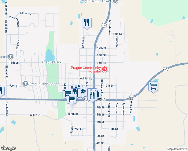map of restaurants, bars, coffee shops, grocery stores, and more near 1310 North Jim Thorpe Boulevard in Prague