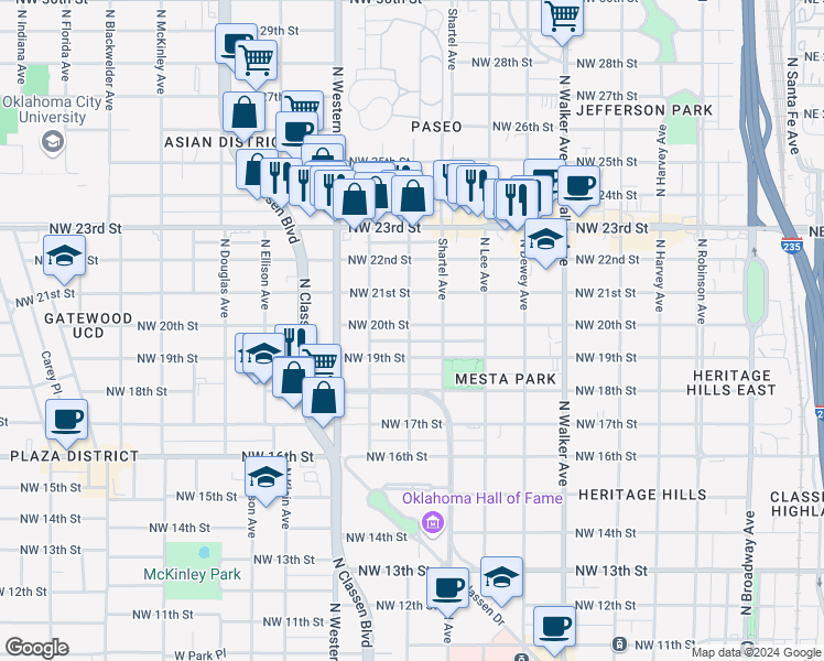 map of restaurants, bars, coffee shops, grocery stores, and more near 822 Northwest 20th Street in Oklahoma City