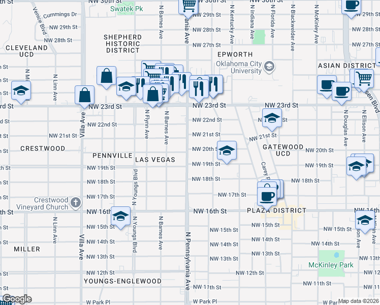 map of restaurants, bars, coffee shops, grocery stores, and more near 2100 Northwest 20th Street in Oklahoma City
