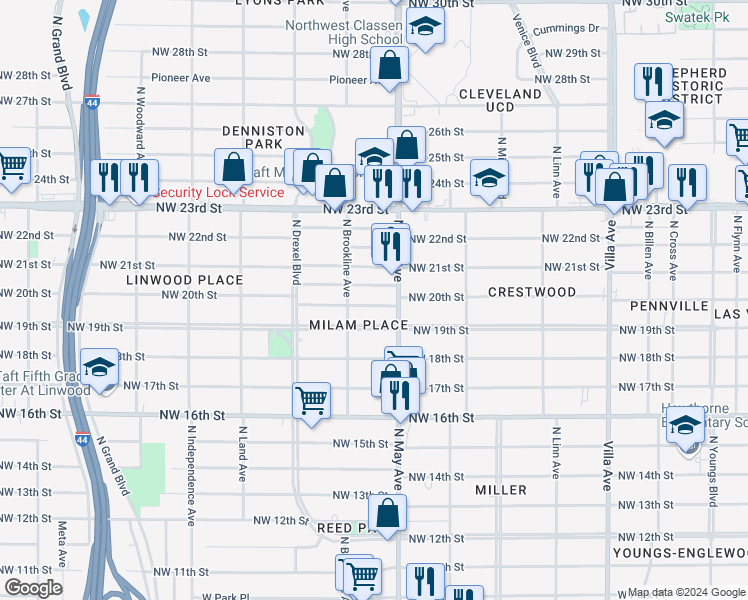 map of restaurants, bars, coffee shops, grocery stores, and more near 2905 Northwest 20th Street in Oklahoma City