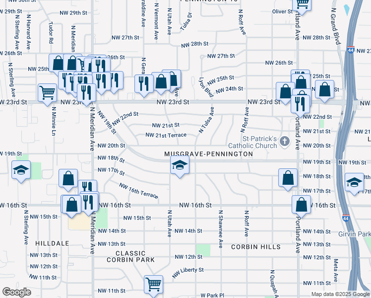 map of restaurants, bars, coffee shops, grocery stores, and more near 4114 Northwest 20th Street in Oklahoma City
