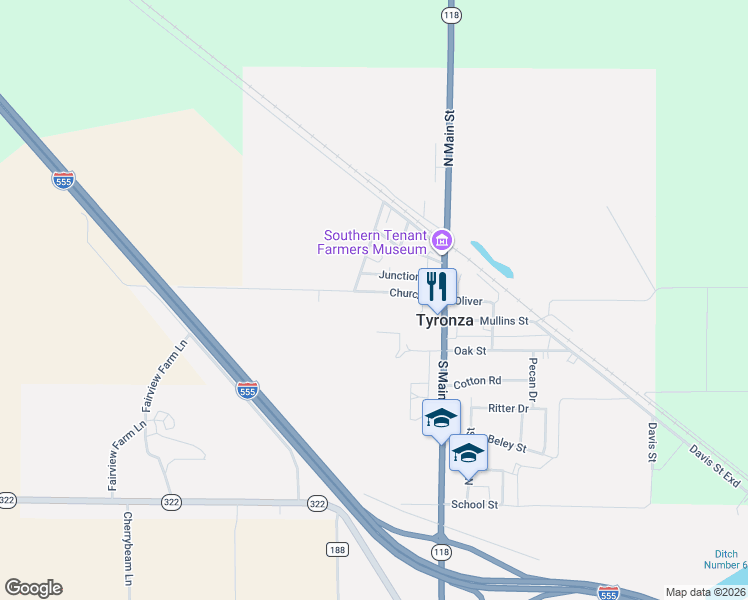 map of restaurants, bars, coffee shops, grocery stores, and more near 191 Church Street in Tyronza
