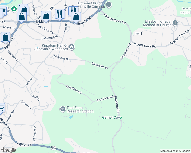map of restaurants, bars, coffee shops, grocery stores, and more near 464 Sunnyside Street in Waynesville