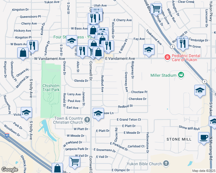 map of restaurants, bars, coffee shops, grocery stores, and more near 107 Palm Avenue in Yukon