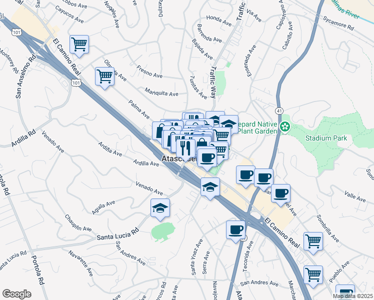 map of restaurants, bars, coffee shops, grocery stores, and more near 5950 Traffic Way in Atascadero