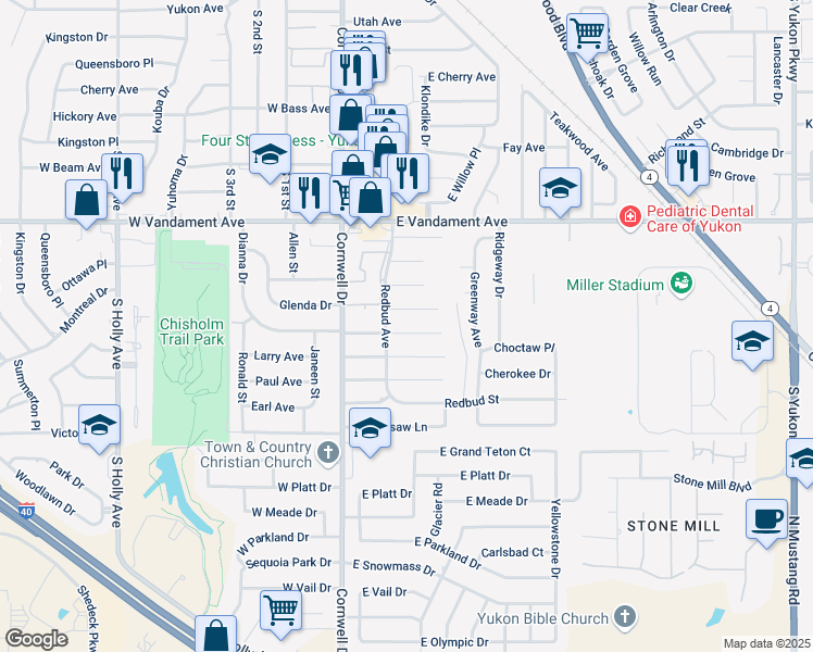 map of restaurants, bars, coffee shops, grocery stores, and more near 107 Palm Ave in Yukon