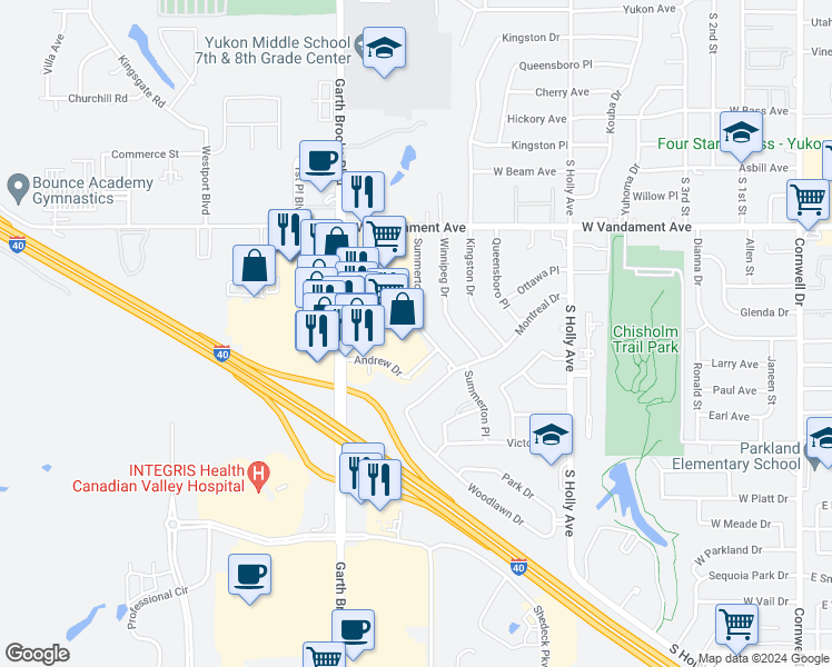map of restaurants, bars, coffee shops, grocery stores, and more near 1307 Summerton Place in Yukon