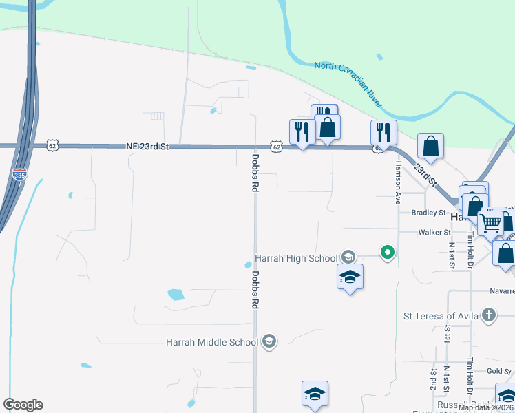 map of restaurants, bars, coffee shops, grocery stores, and more near 2122 Dobbs Road in Harrah