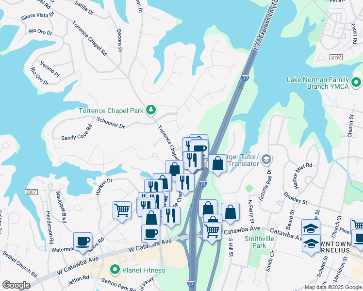 map of restaurants, bars, coffee shops, grocery stores, and more near 20221 Harroway Drive in Cornelius