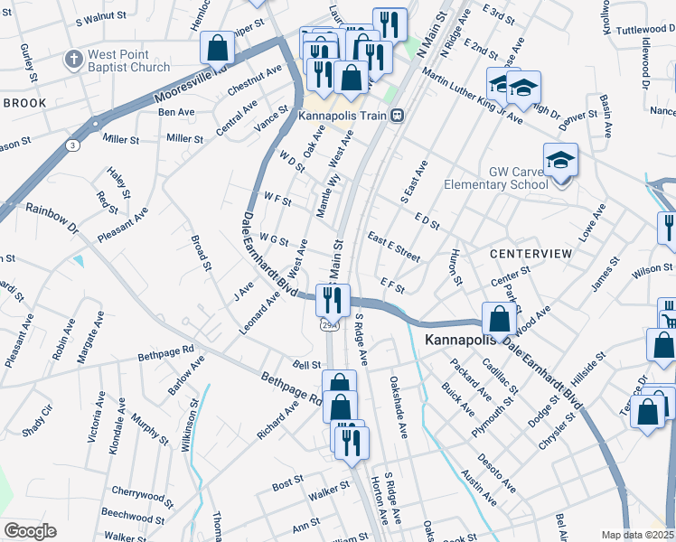 map of restaurants, bars, coffee shops, grocery stores, and more near 415 South Main Street in Kannapolis