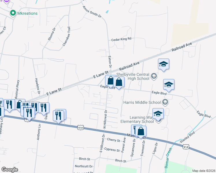 map of restaurants, bars, coffee shops, grocery stores, and more near 101-199 Eagle Boulevard in Shelbyville