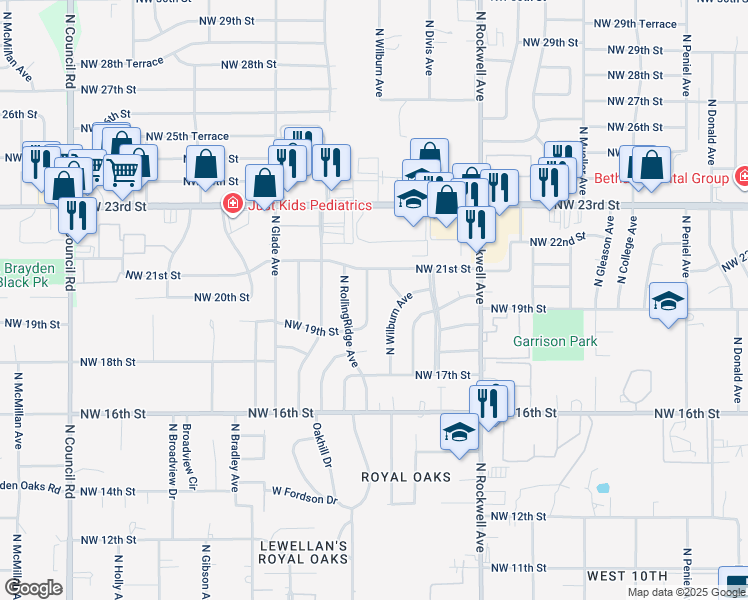 map of restaurants, bars, coffee shops, grocery stores, and more near 2012 North Westaire Street in Bethany