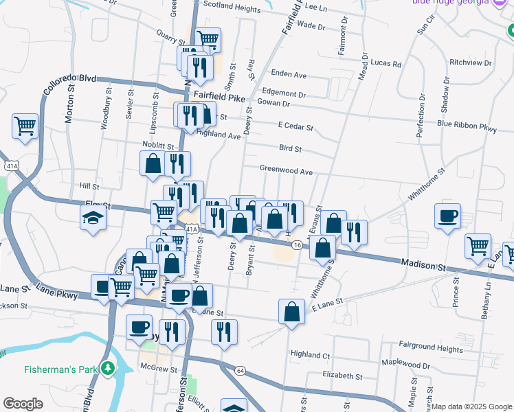 map of restaurants, bars, coffee shops, grocery stores, and more near 719 Alton Ave in Shelbyville