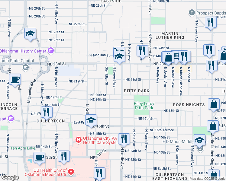 map of restaurants, bars, coffee shops, grocery stores, and more near 2111 North Everest Avenue in Oklahoma City