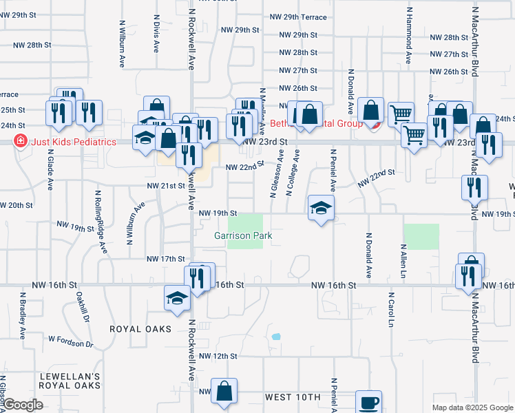 map of restaurants, bars, coffee shops, grocery stores, and more near 2004 North Mueller Avenue in Bethany